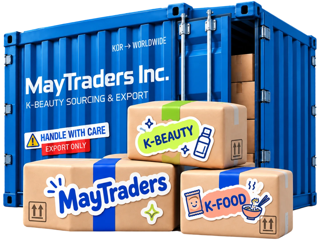 A MayTraders Inc. shipping container loaded with export cartons labelled MayTraders, K-Beauty and K-Food